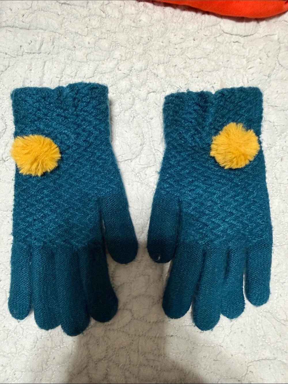 Anthropologie Teal Knit Pom-Pom Gloves - Women